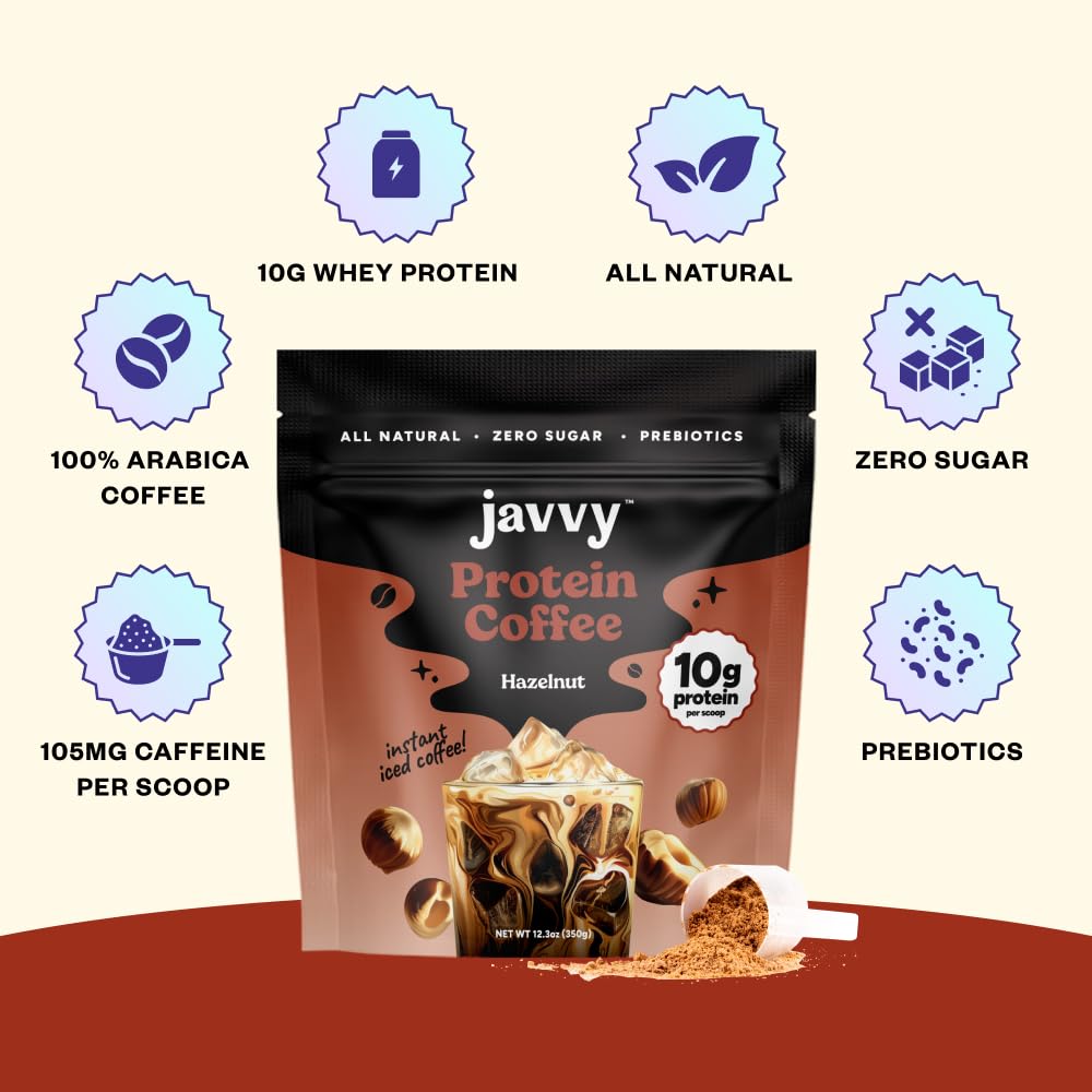 Javy Hazelnut Protein Coffee - Premium Whey Protein & Instant Iced Coffee - 100% Arabica Coffee - Zero Artificial Flavors & Sweeteners, 20 Servings