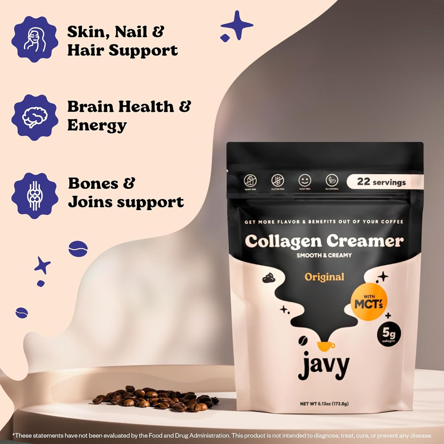 Javy Collagen Coffee Creamer Powder, Grass Fed Pasture Raised Collagen - Hair, Skin & Nail support with Energy-Boosting MCTs, Keto Friendly, Lactose Free & Gluten Free, 22 Servings