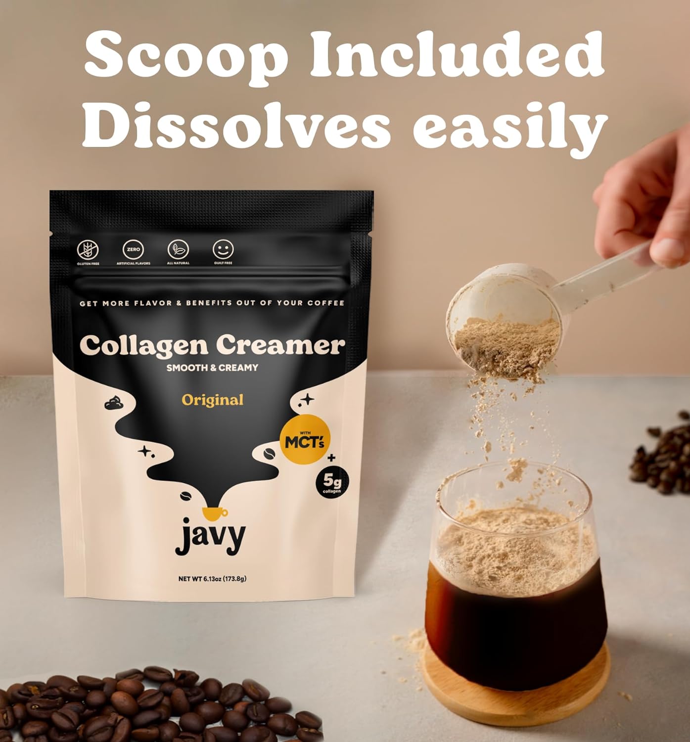 Javy Collagen Coffee Creamer Powder, Grass Fed Pasture Raised Collagen - Hair, Skin & Nail support with Energy-Boosting MCTs, Keto Friendly, Lactose Free & Gluten Free, 22 Servings