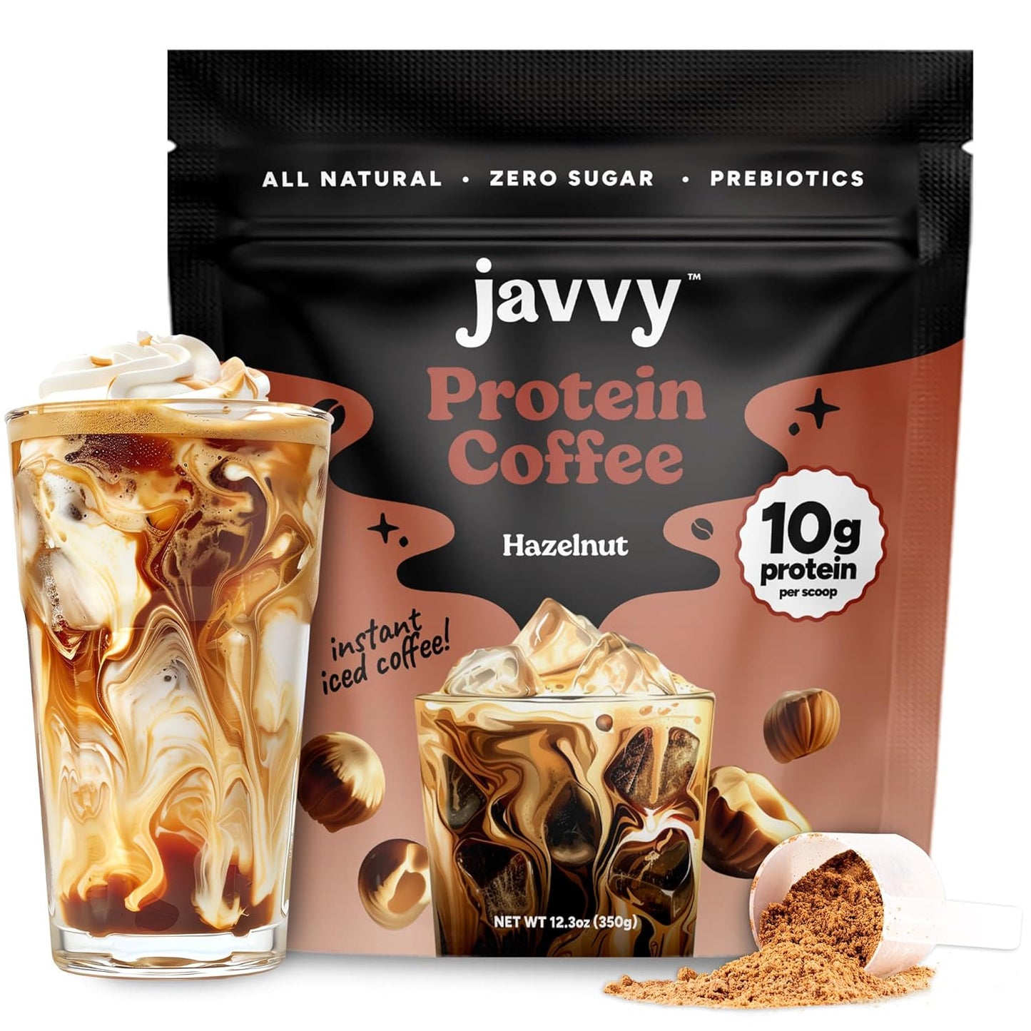 Javy Hazelnut Protein Coffee - Premium Whey Protein & Instant Iced Coffee - 100% Arabica Coffee - Zero Artificial Flavors & Sweeteners, 20 Servings