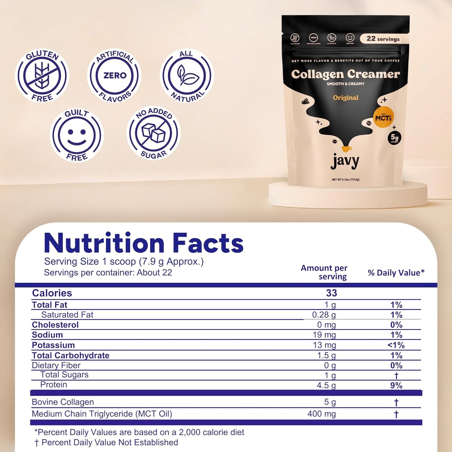 Javy Collagen Coffee Creamer Powder, Grass Fed Pasture Raised Collagen - Hair, Skin & Nail support with Energy-Boosting MCTs, Keto Friendly, Lactose Free & Gluten Free, 22 Servings