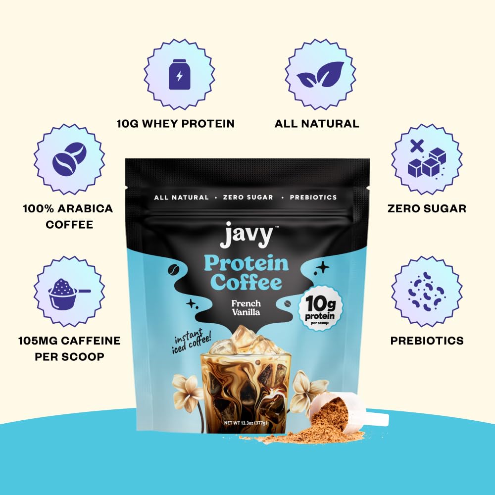 Javy French Vanilla Protein Coffee - Premium Whey Protein & Instant Iced Coffee - 100% Arabica Coffee - Zero Artificial Flavors & Sweeteners, 20 Servings