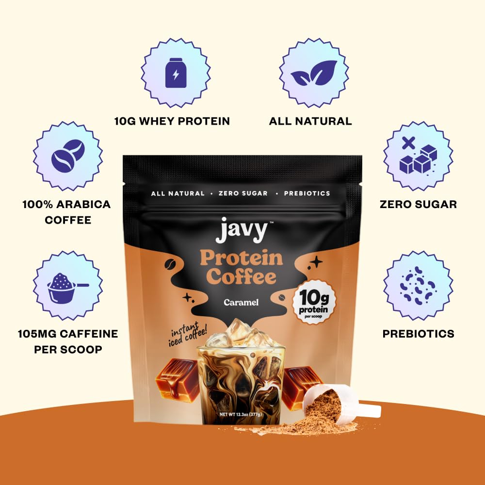 Javy Caramel Protein Coffee - Premium Whey Protein & Instant Iced Coffee - 100% Arabica Coffee - Zero Artificial Flavors & Sweeteners, 20 Servings