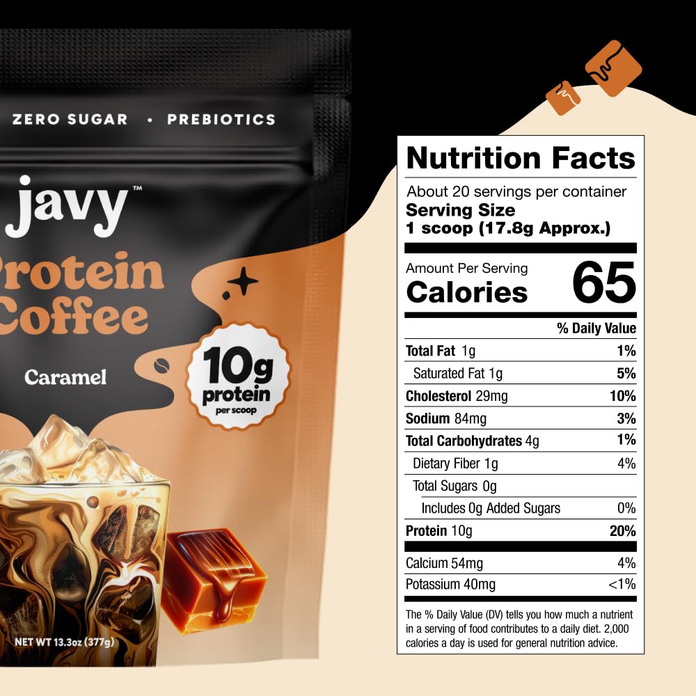 Javy Caramel Protein Coffee - Premium Whey Protein & Instant Iced Coffee - 100% Arabica Coffee - Zero Artificial Flavors & Sweeteners, 20 Servings