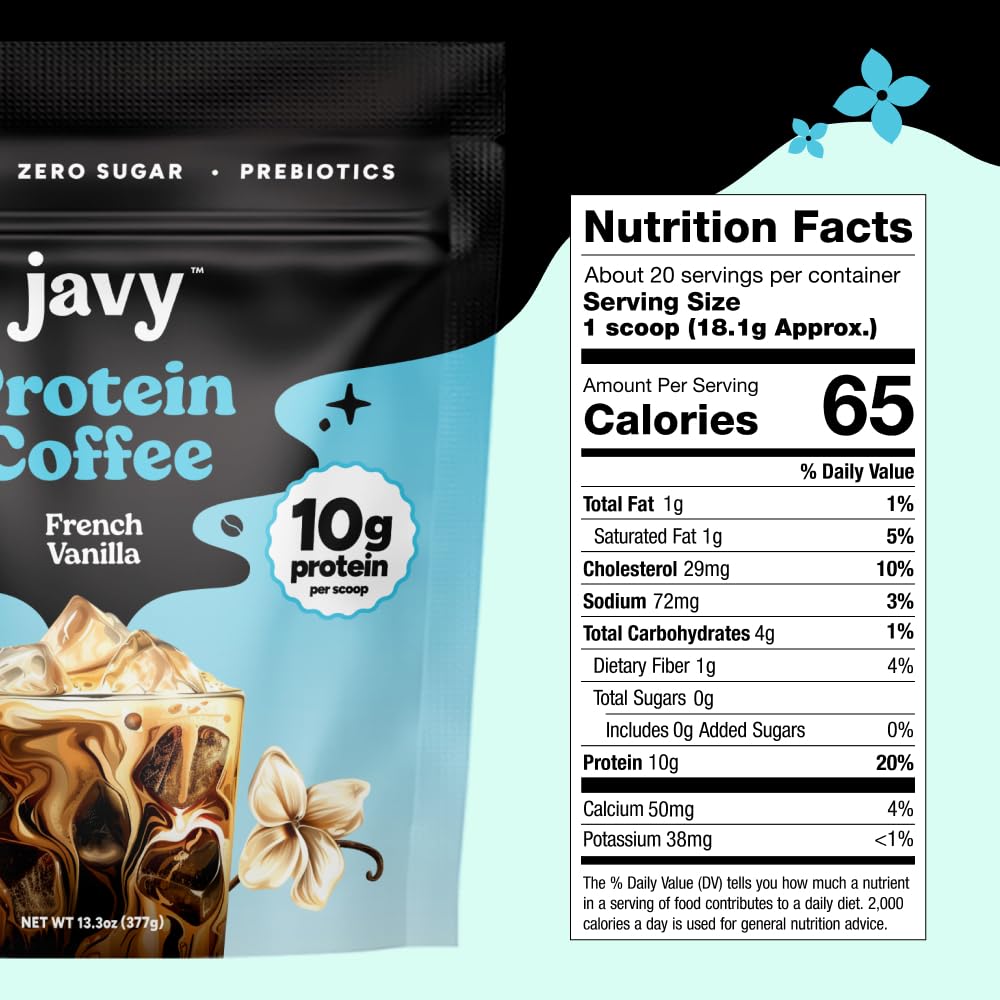 Javy French Vanilla Protein Coffee - Premium Whey Protein & Instant Iced Coffee - 100% Arabica Coffee - Zero Artificial Flavors & Sweeteners, 20 Servings