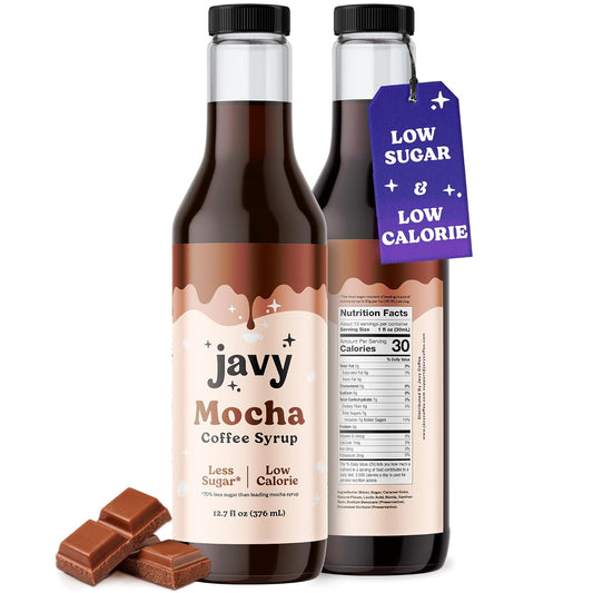 Javy Premium Mocha Coffee Syrup, Low Sugar - Low Calorie, Coffee Flavoring Syrup, Coffee Bar Accessories. Great for Flavoring All Types of Drinks