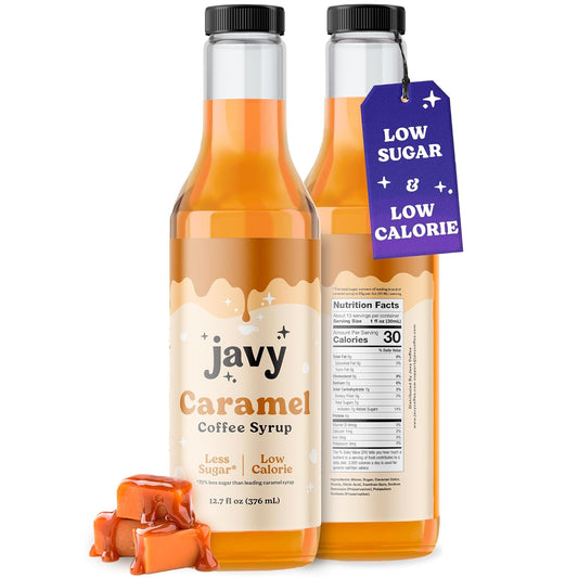 Javy Premium Caramel Coffee Syrup, Low Sugar - Low Calorie, Coffee Flavoring Syrup, Coffee Bar Accessories. Great for Flavoring All Types of Drinks