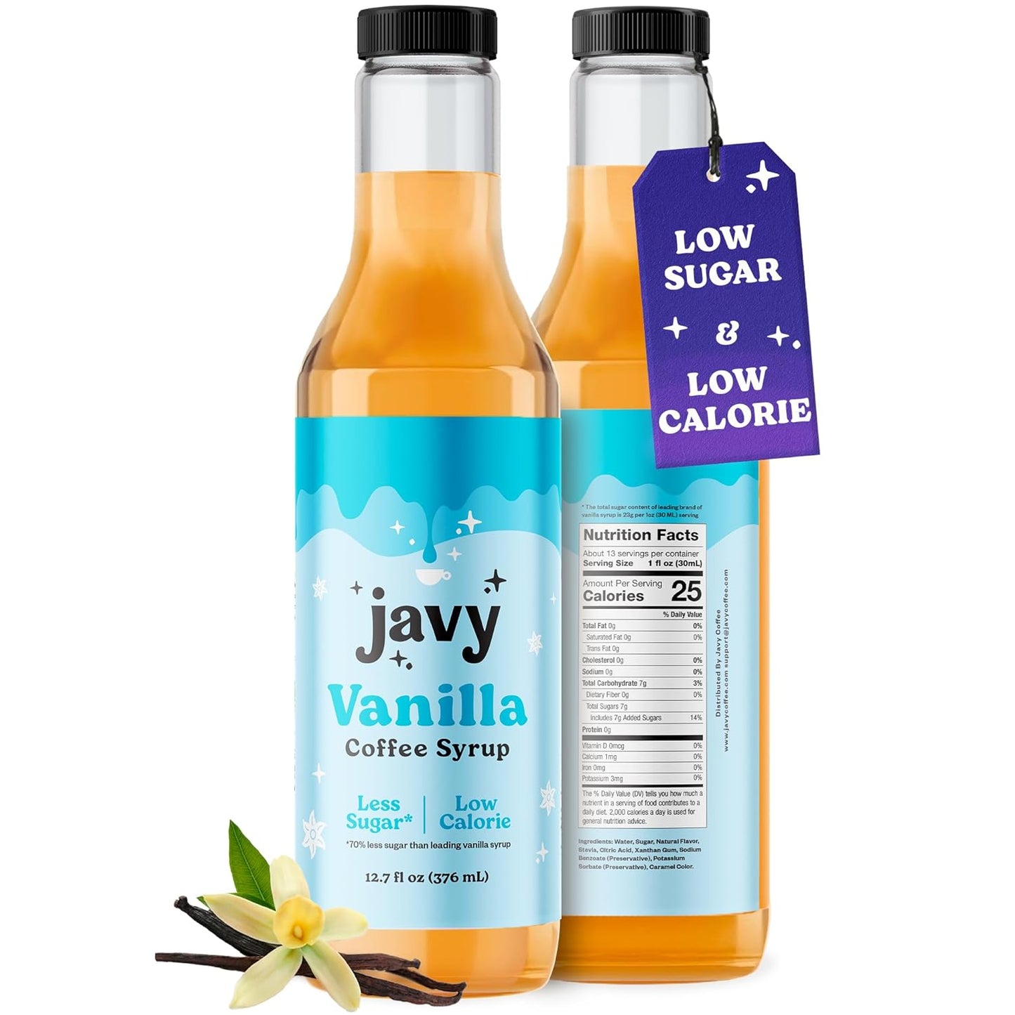 Javy Premium Vanilla Coffee Syrup, Low Sugar - Low Calorie, Coffee Flavoring Syrup, Coffee Bar Accessories. Great for Flavoring All Types of Drinks