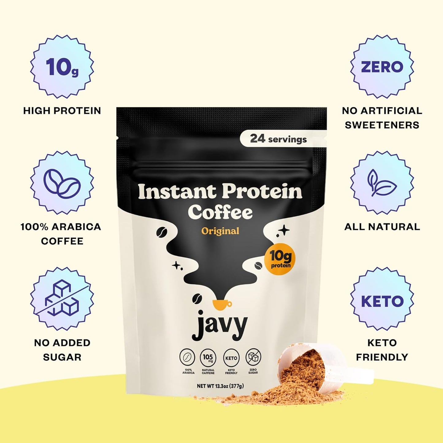 Javy Instant Coffee Protein Coffee - Premium Whey Protein & Instant Coffee - 100% Arabica Coffee - Zero Artificial Flavors & Sweeteners, 24 Servings