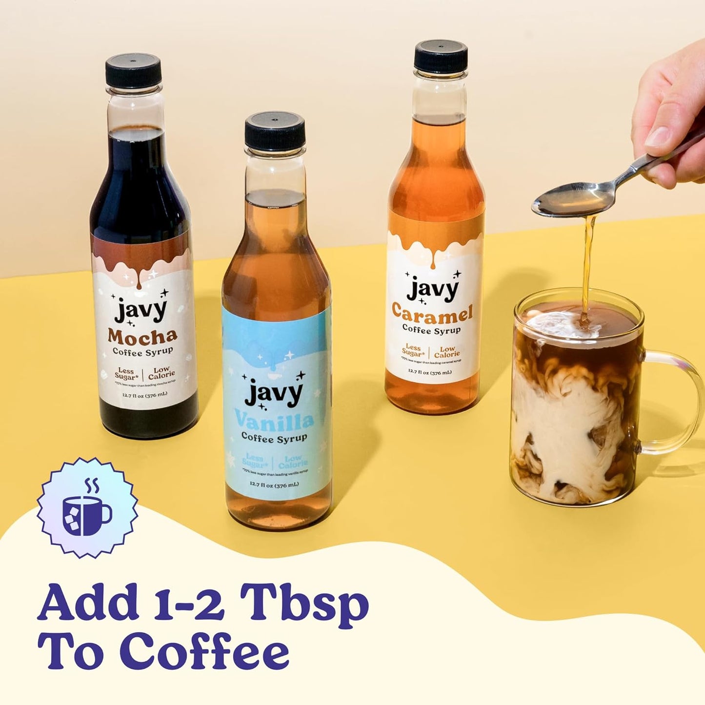 Javy Premium Mocha Coffee Syrup, Low Sugar - Low Calorie, Coffee Flavoring Syrup, Coffee Bar Accessories. Great for Flavoring All Types of Drinks