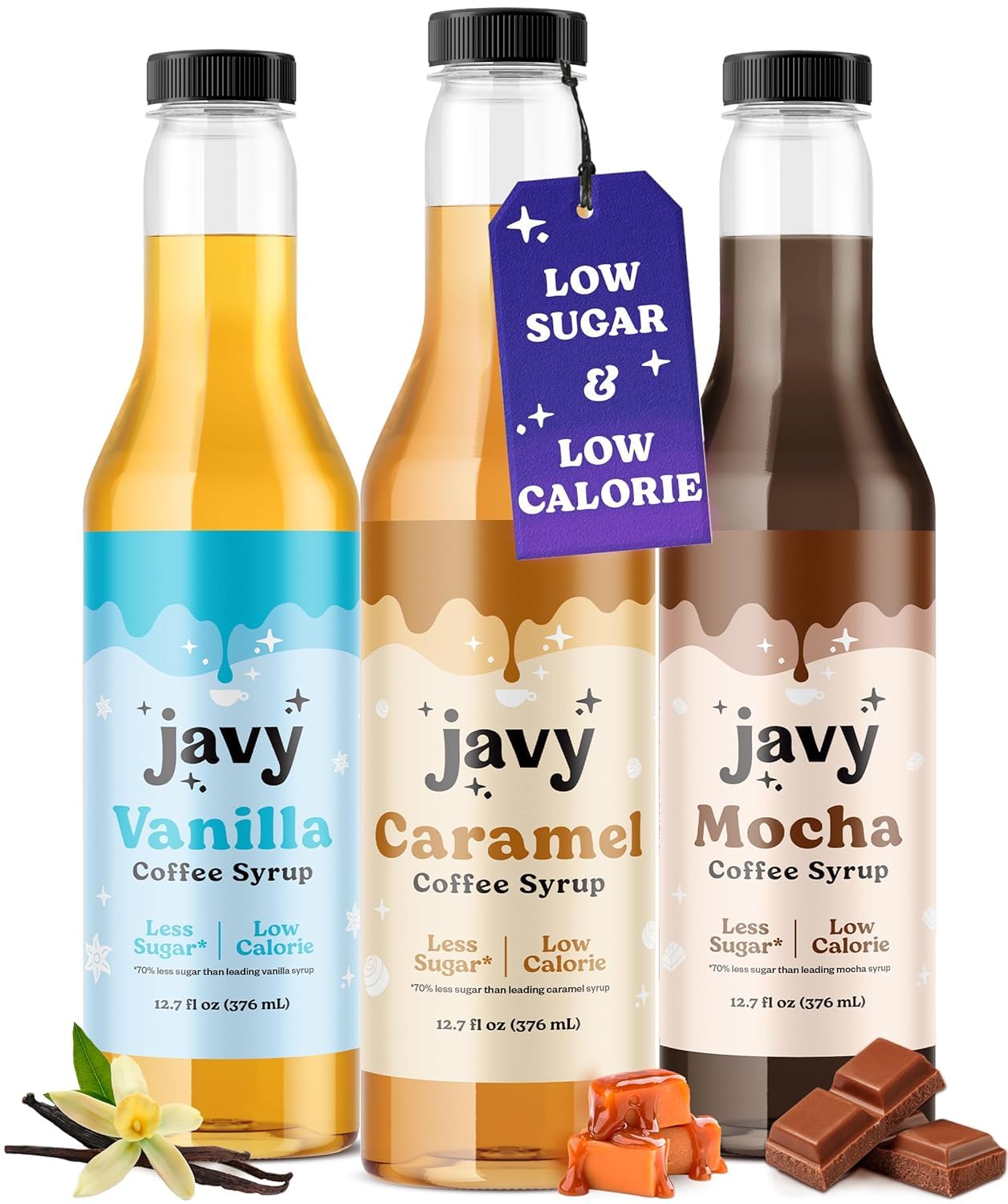 Javy Premium Coffee Syrup Variety Pack, Low Sugar - Low Calorie, Coffee Flavoring Syrup, Coffee Bar Accessories. Great for Flavoring All Types of Drinks