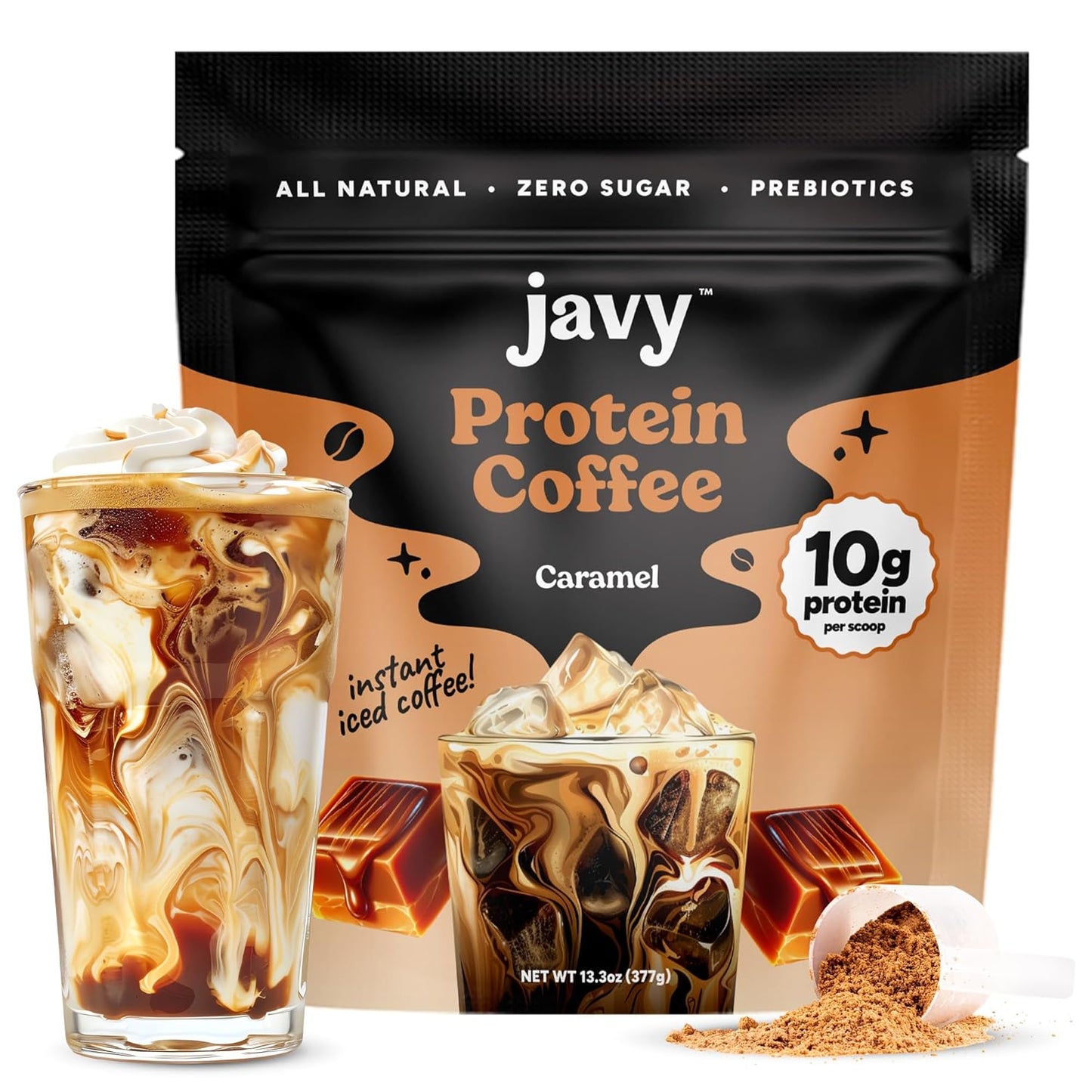 Javy Caramel Protein Coffee - Premium Whey Protein & Instant Iced Coffee - 100% Arabica Coffee - Zero Artificial Flavors & Sweeteners, 20 Servings