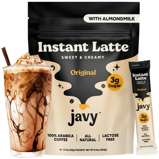 Javy Instant Latte - Instant Coffee Packets - 100% Arabica Coffee - Zero Artificial Flavors & Sweeteners - Enjoy Hot or Cold - Just Add Water, 12 single servings per bag